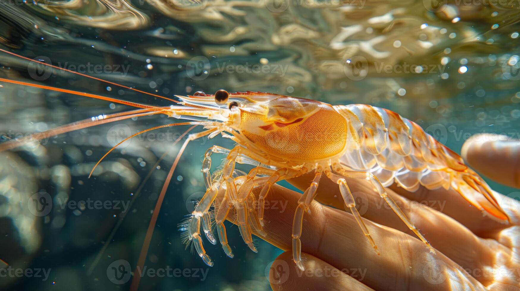 A vibrant shrimp is held gently in a human hand submerged in clear water, showcasing its striking colors and intricate textures while sunlight filters through the surface. photo