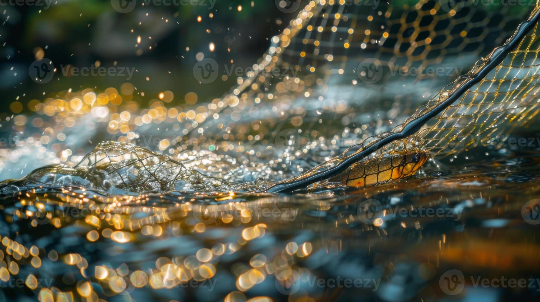 Morning sunlight glistens on water as a net plunges into the lake, creating dynamic splashes while capturing fish. The peaceful ambiance reflects the joy of fishing. photo