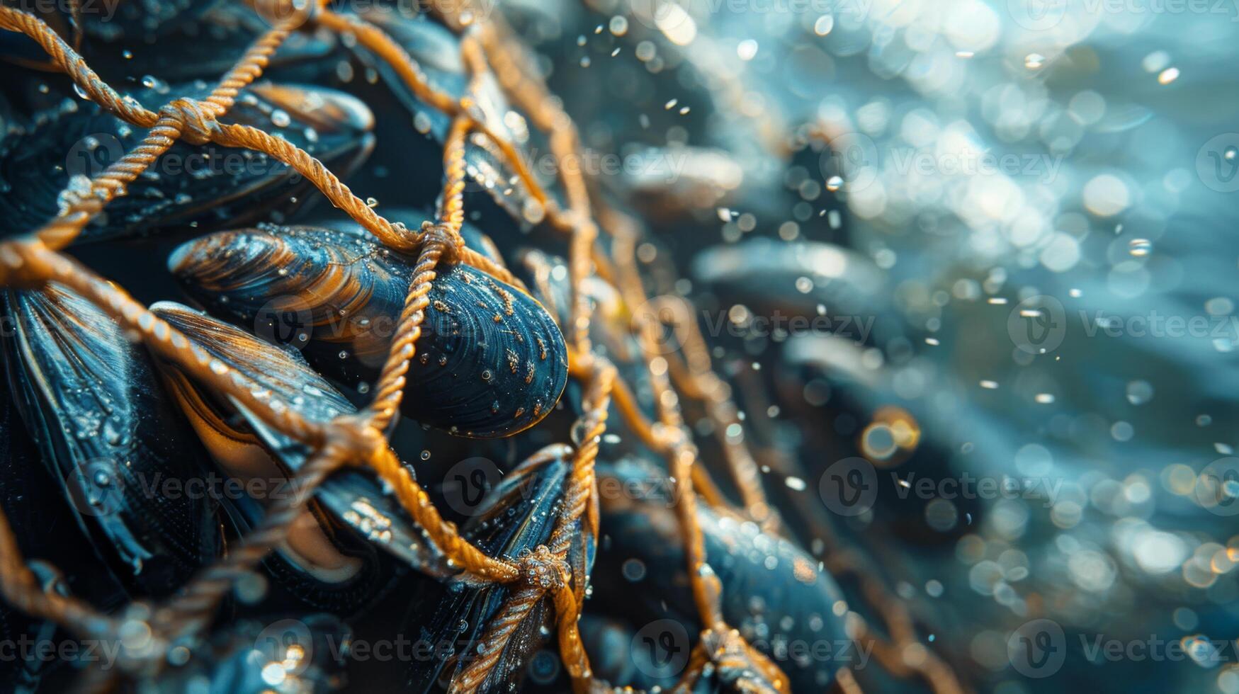 Mussels are caught in a fishing net underwater, with sunlight filtering through the water, creating a vibrant display of marine colors and textures in a coastal environment. photo