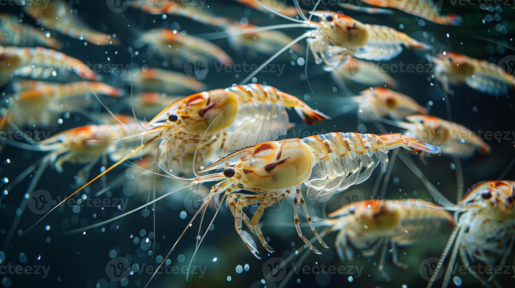 A group of colorful shrimp swims gracefully in clear ocean waters, showcasing their intricate features while bubbles surround them, creating a lively underwater atmosphere. photo