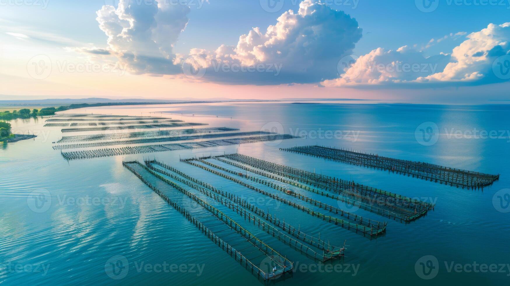 The peaceful coastal landscape showcases wooden structures used for aquaculture, reflecting soft golden light from the setting sun. Gentle waves add a calming effect. photo