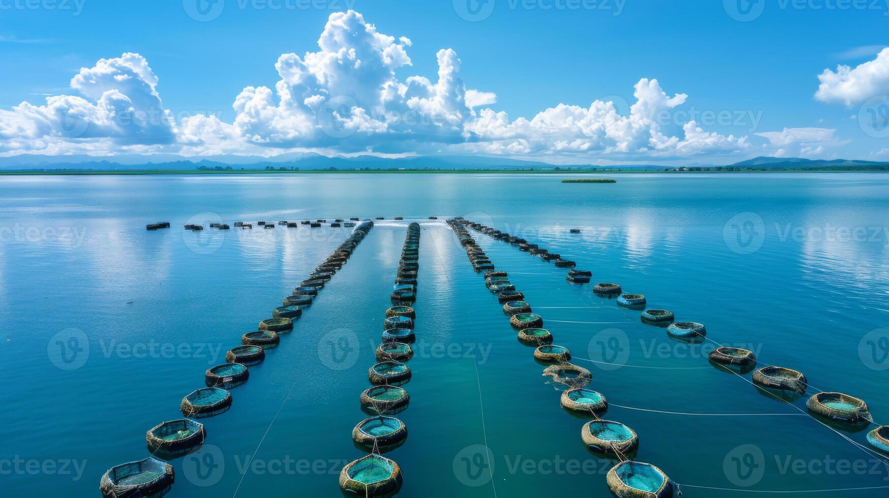 Expansive aquaculture farm features circular nets anchored in calm waters, surrounded by vibrant greens and blue sky, capturing the harmony of nature and farming. photo