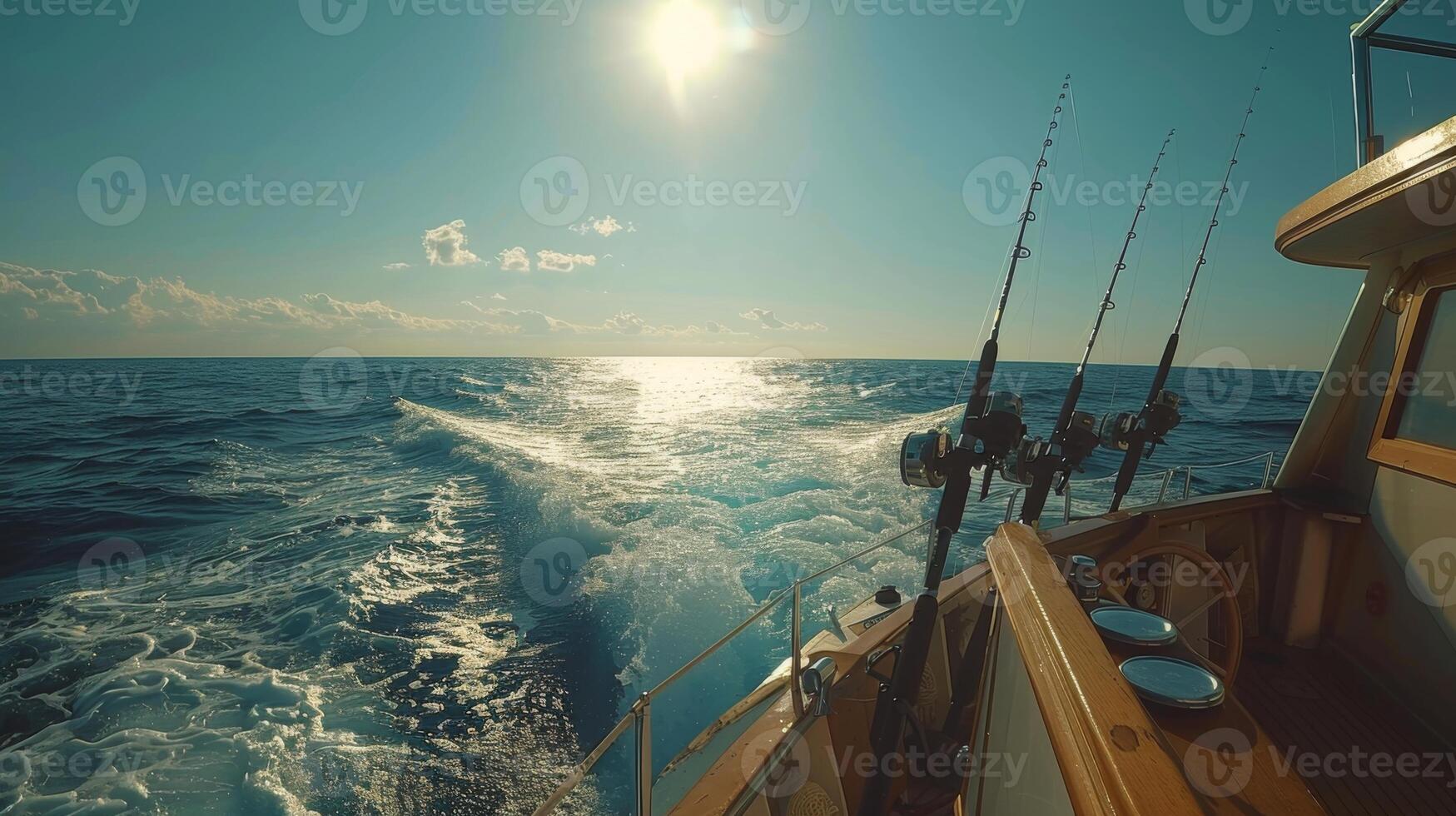 A fishing boat makes its way across sparkling blue waters, with rods set up for fishing. Bright sunlight glimmers on the ocean's surface, creating a peaceful ambiance. photo