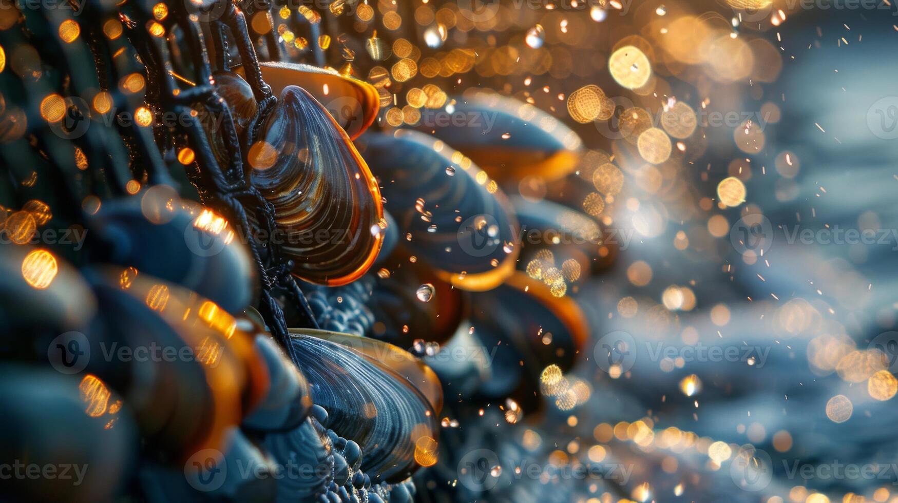 Mussels cling tightly to the rocky shoreline during sunset, reflecting warm colors as water splashes and droplets create a glimmering effect around them. photo