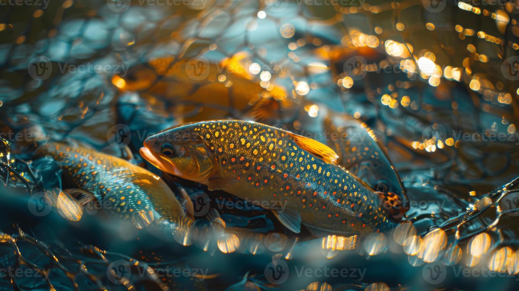 Trout are gathered in a fishing net, their scales shimmering in the sunlight reflecting off the water's surface, with a serene ambiance typical of late afternoon fishing. photo