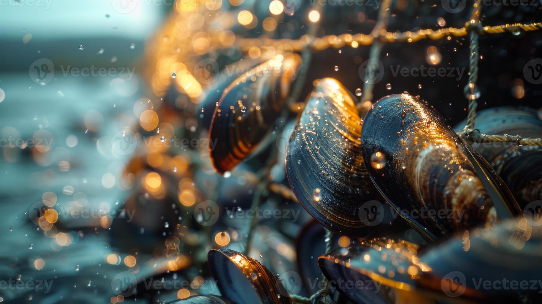 Bubbles rise as sunlight highlights mussels clinging to a fishing net by the shore. Water droplets shimmer, capturing the essence of marine life at dawn. photo