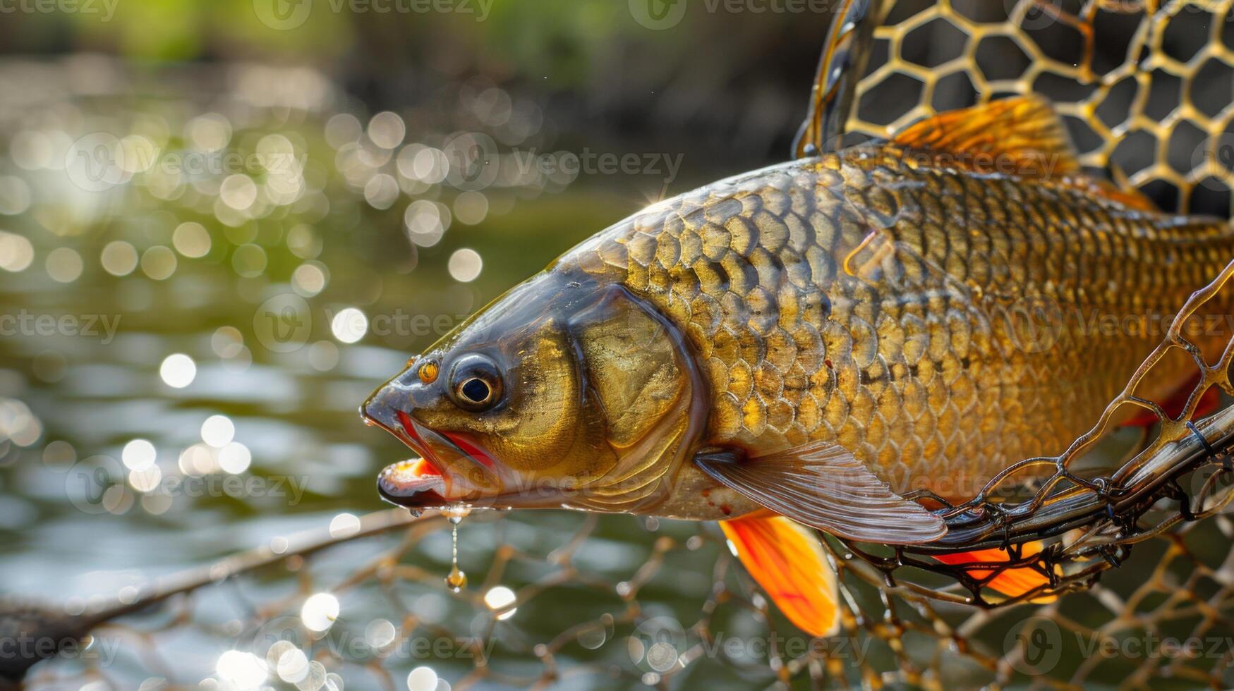 A fisherman successfully reels in a colorful fish, showcasing its sharp scales and glistening body while droplets of water fall back into the river. Surrounding the scene is a peaceful backdrop. photo