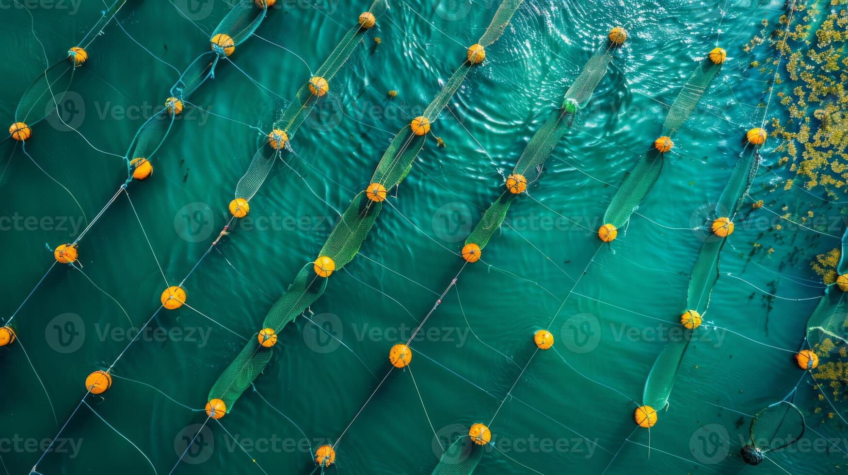 Bright yellow floats connected by nets create a striking pattern on clear turquoise waters, showcasing aquaculture practices in a tranquil marine setting under sunlight. photo