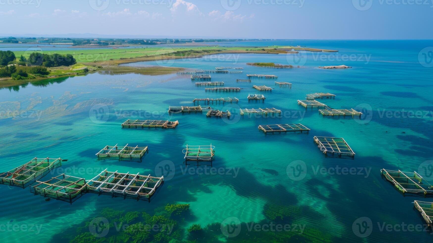 Floating fish farms are arranged in a grid pattern across a serene coastal lagoon, surrounded by lush green fields and clear blue skies on a sunny day. photo