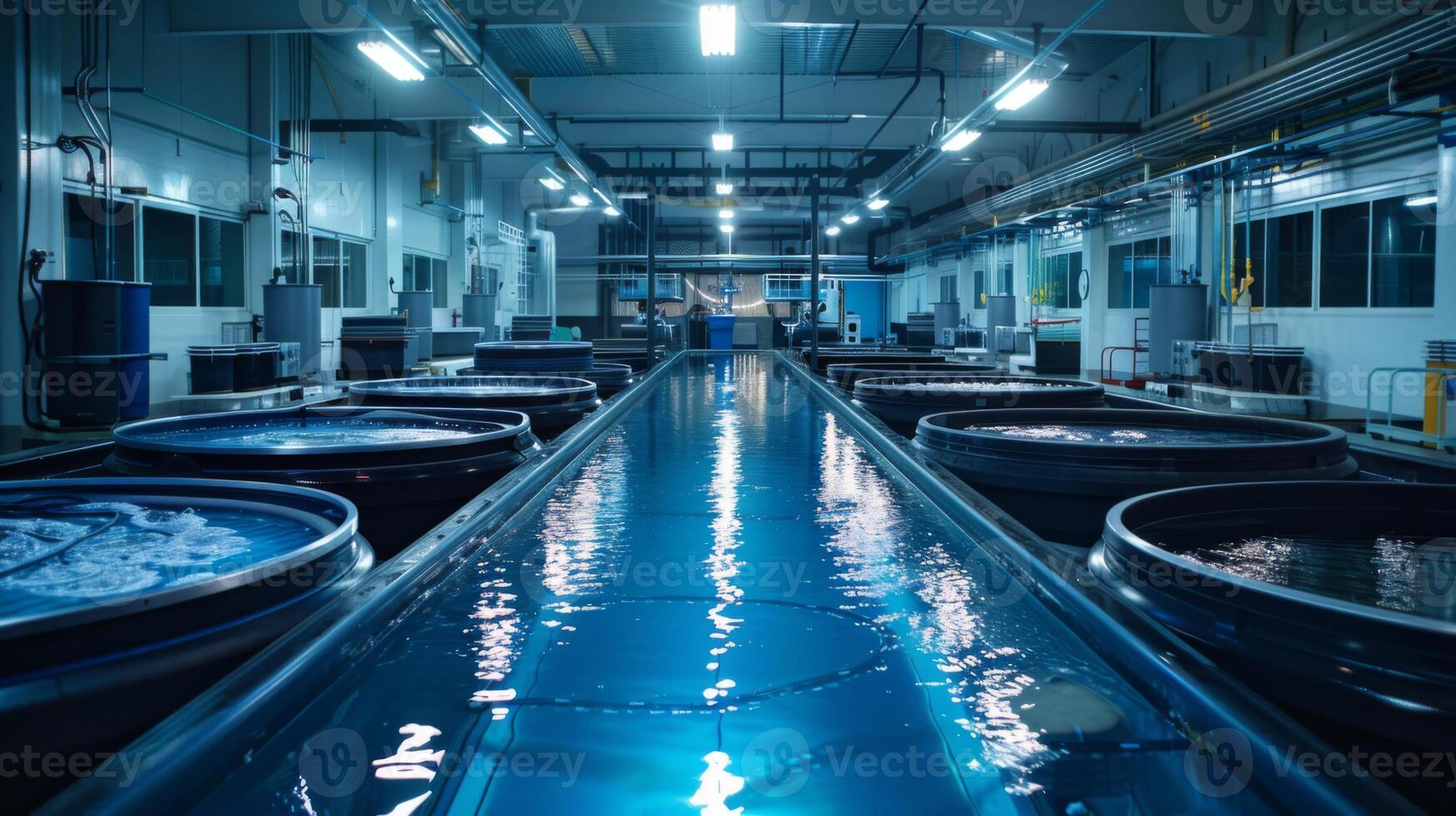 Inside a spacious aquaculture facility, several large round tanks are filled with clear water. Workers are present, attending to the fish breeding process. photo