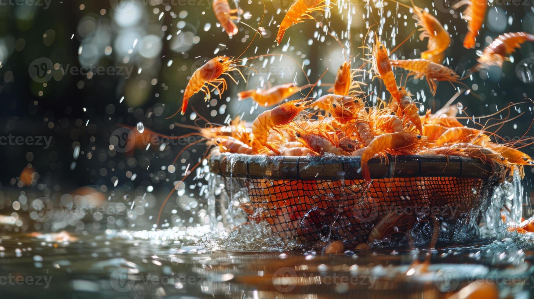 Shrimp are being scooped up from the water with a basket, creating splashes as they are harvested. Bright sunlight filters through, adding warmth to the vibrant colors. photo