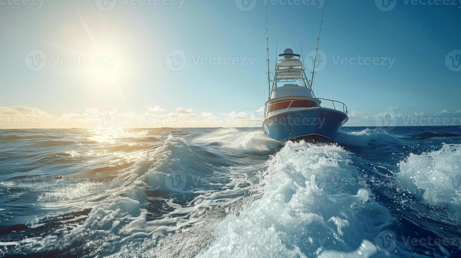 A fishing boat moves steadily through the ocean, creating white frothy waves behind it while the sun sets in the background, casting a warm glow across the water. photo