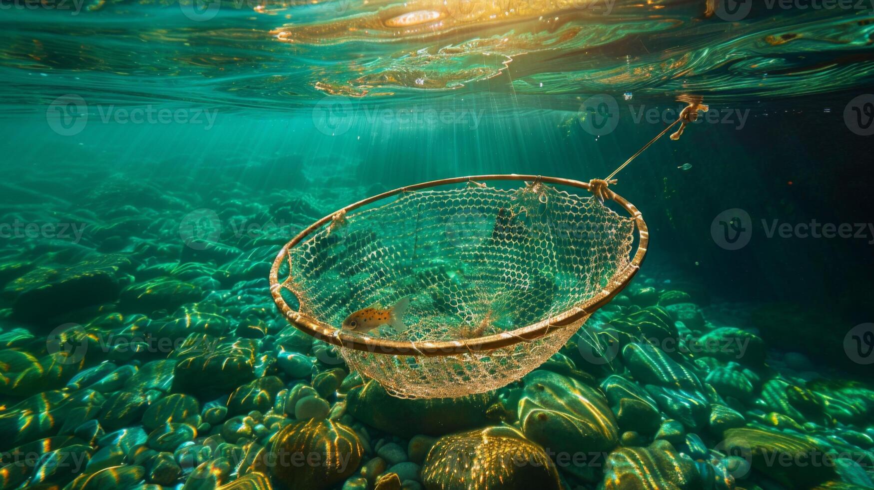 A fishing net floats underwater among colorful stones and plants, illuminated by sunlight filtering through the surface, creating a serene aquatic environment. photo