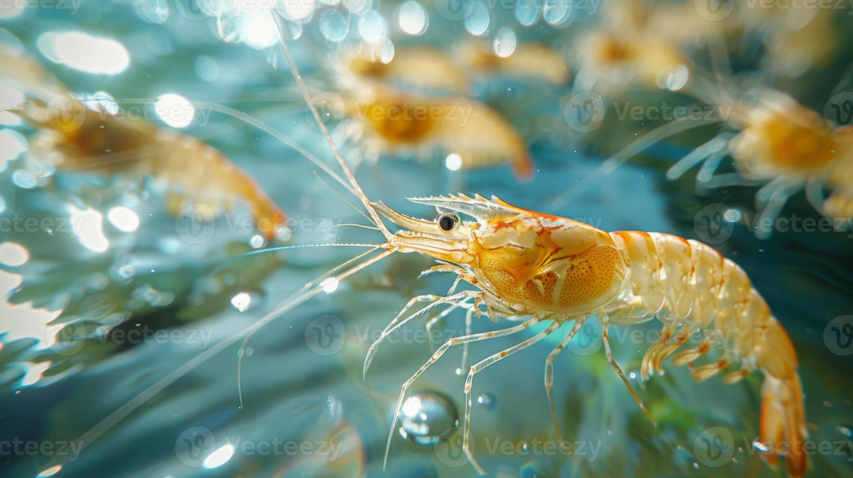 Shrimp can be seen actively swimming in clear water, showcasing their translucent bodies and delicate antennae while bubbles surround them, highlighting their underwater habitat. photo