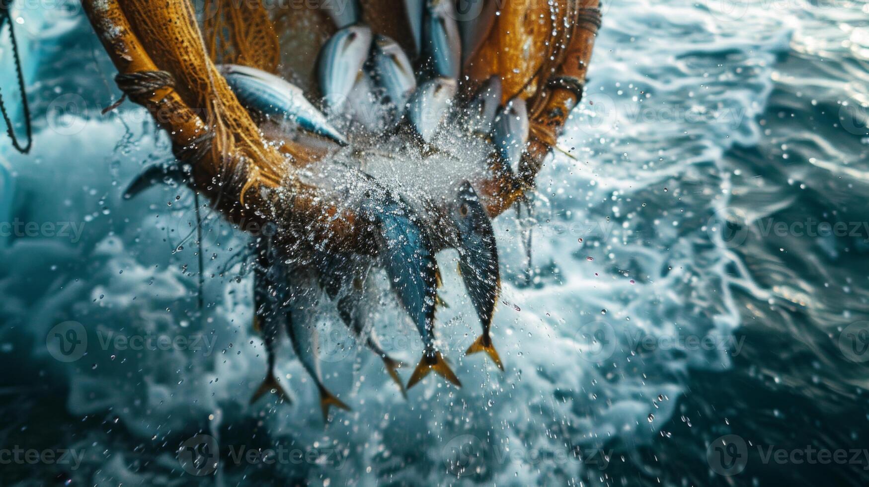 A fisherman on a boat hauls a wicker basket filled with freshly caught fish, generating splashes as morning light sparkles on the water's surface in the open sea. photo