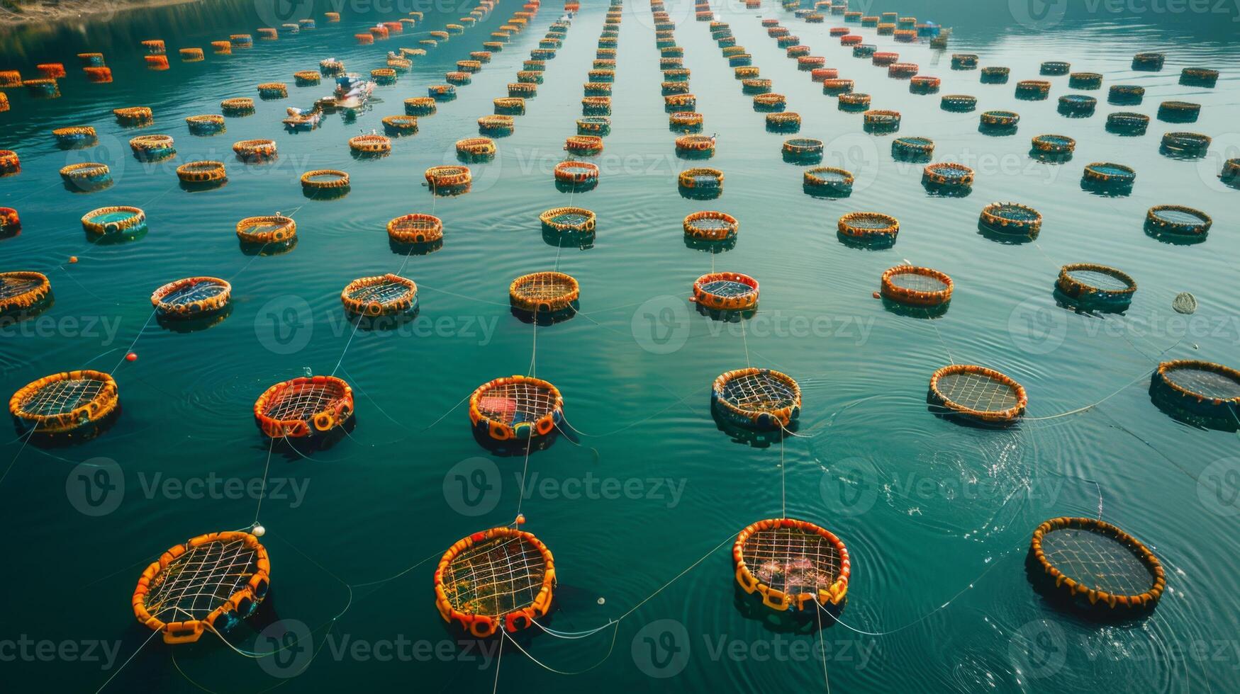Hundreds of vibrant fish cages are arranged in a symmetrical pattern on the calm waters, showcasing an aquaculture farming method under clear blue skies. photo