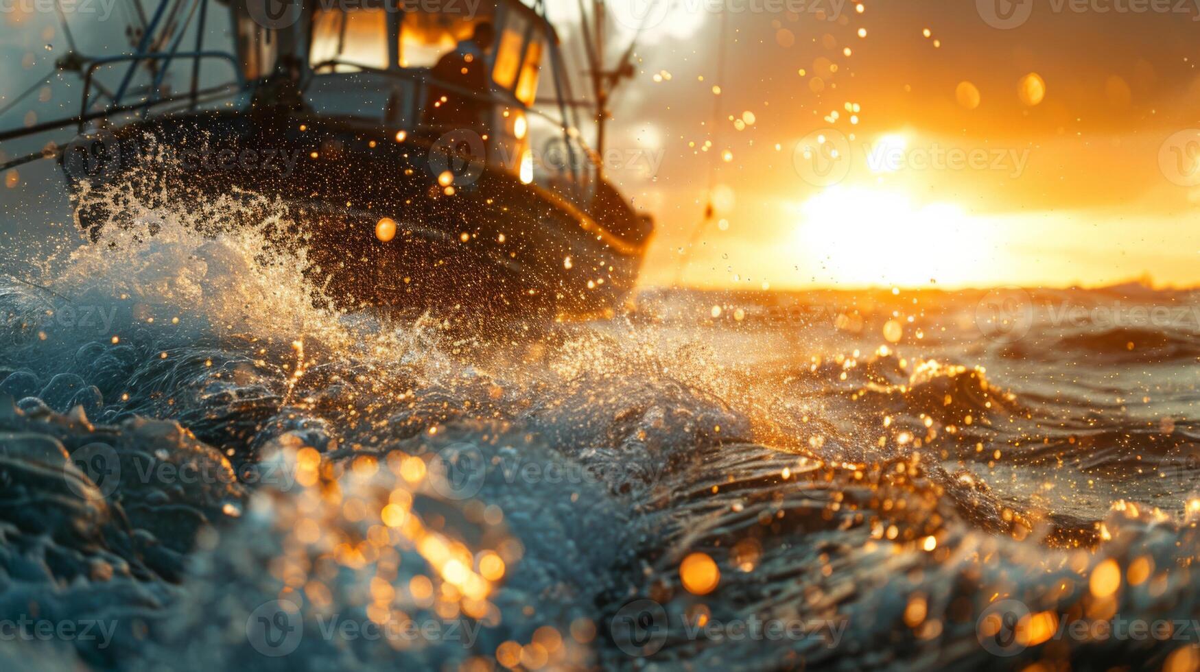 A fishing boat moves through shimmering waves at sunset, as golden hues reflect off the water, creating a serene and picturesque atmosphere on the ocean. photo
