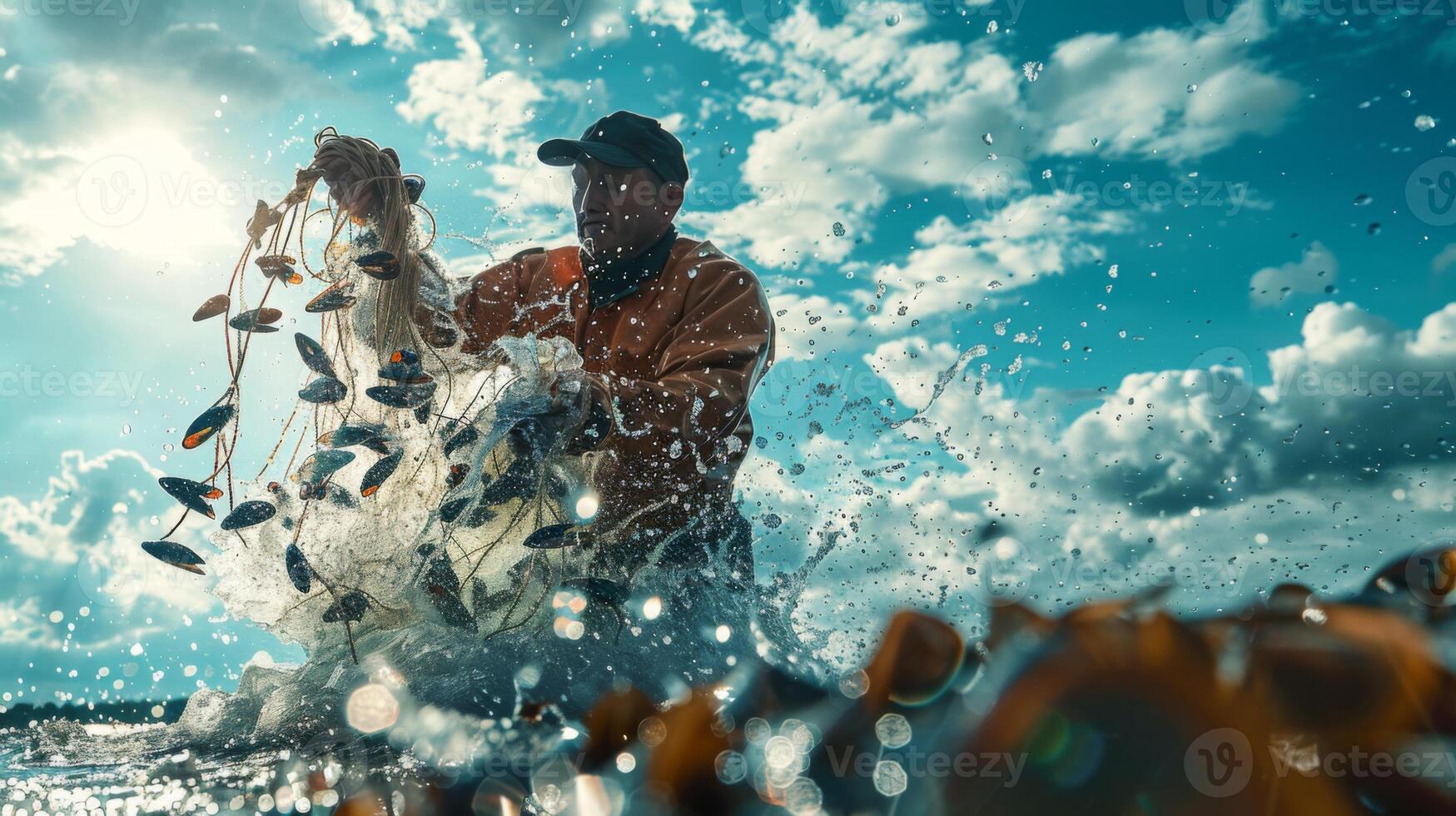 A fisherman pulls in his net filled with seafood while droplets spray around him. The backdrop features a colorful sky filled with clouds, hinting at an approaching sunset. photo