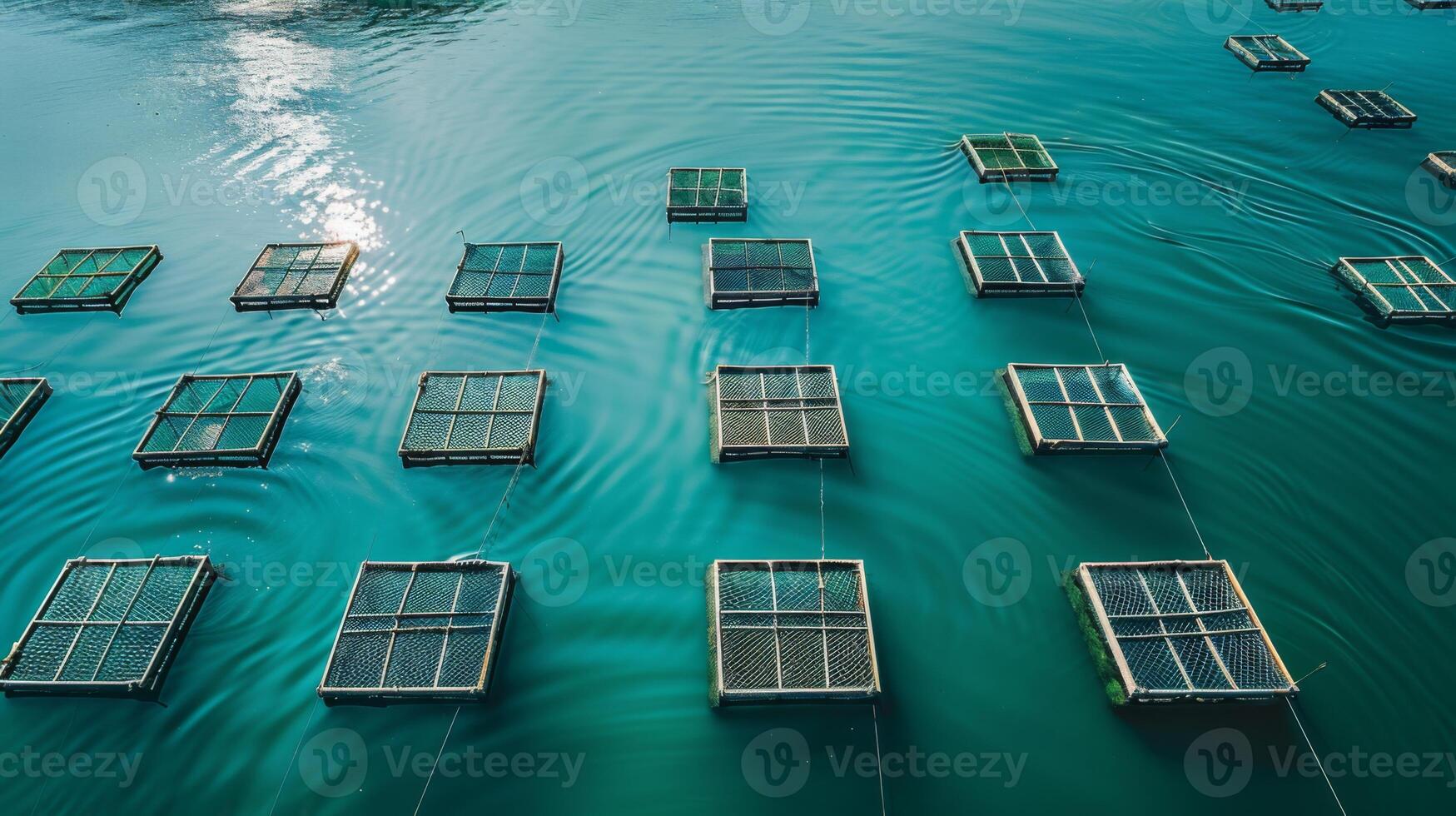 Multiple floating platforms create a tranquil aquaculture setup in the water, reflecting sunlight as evening approaches. The still surface enhances the serene atmosphere. photo