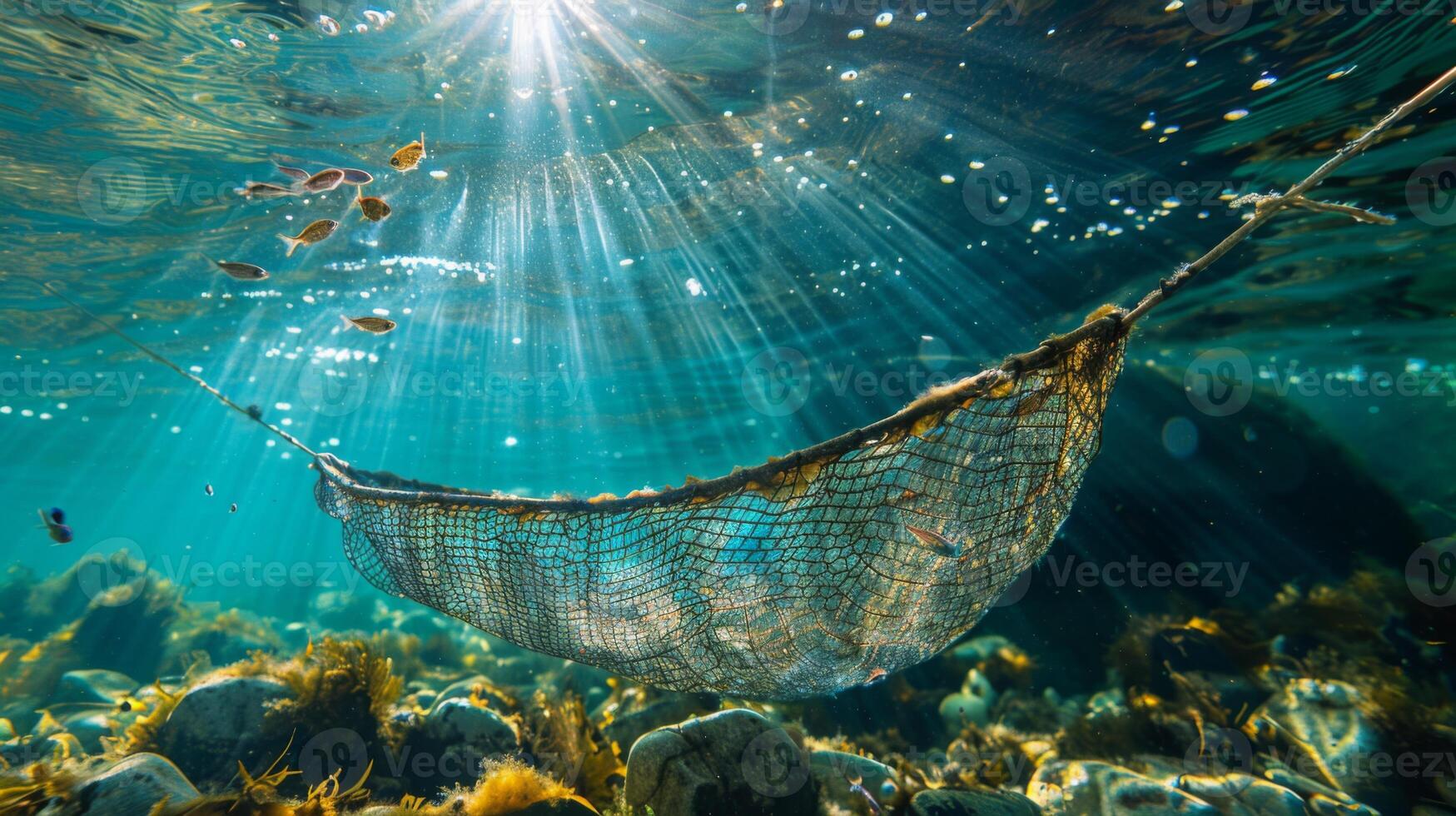 A net suspended underwater captures small fish as sunlight filters through the water, illuminating aquatic plants and creating a peaceful atmosphere in a vibrant ecosystem. photo