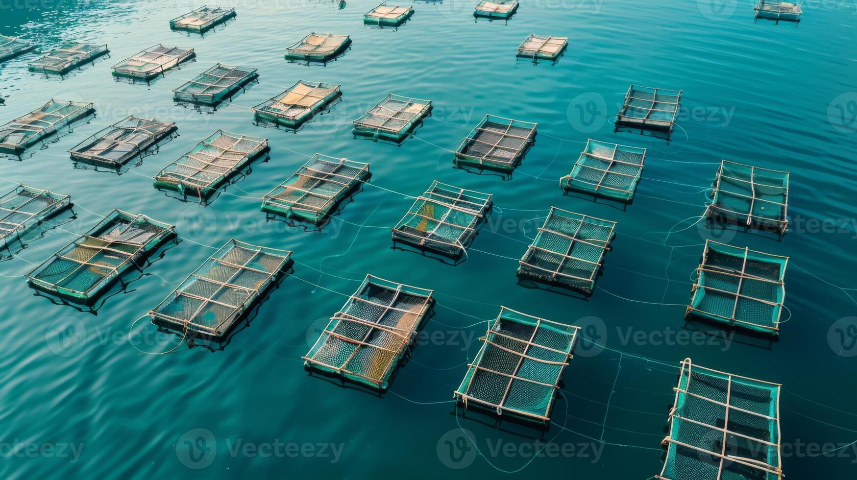 Fish farms float on calm waters, showcasing an organized layout of nets and cages. This sustainable aquaculture method supports seafood production while maintaining ecological balance. photo