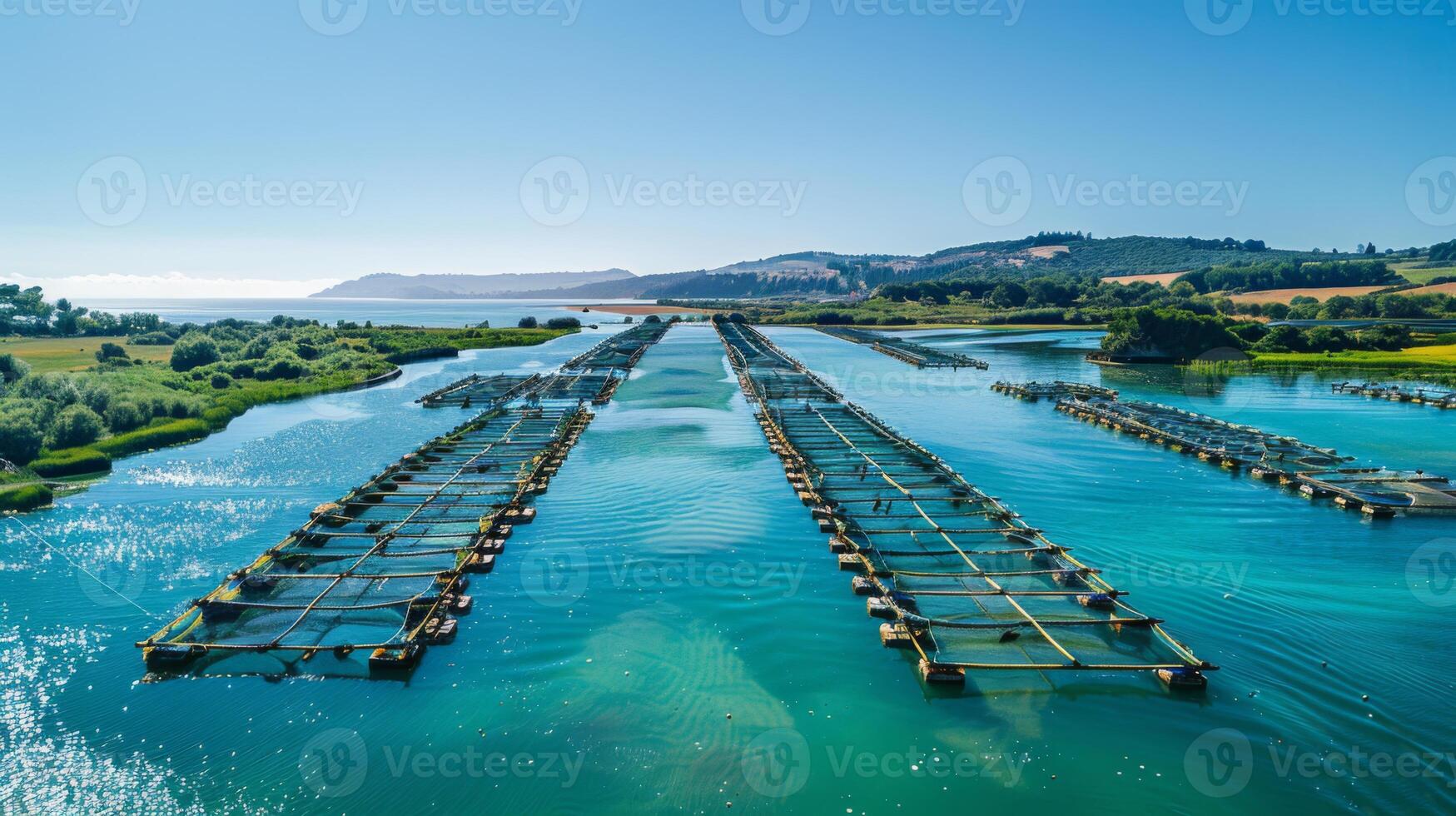 A network of aqua farming structures is visible in clear blue waters under a bright sky. This tranquil landscape captures the essence of coastal agriculture and natural beauty. photo