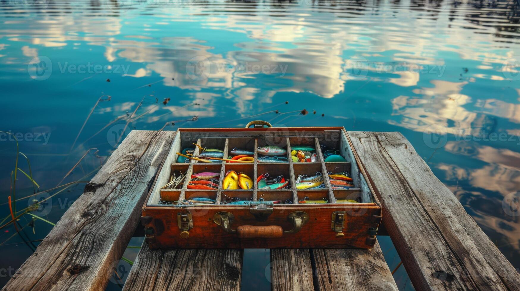 A rustic tackle box filled with various fishing lures and accessories sits open on a wooden dock. The still water reflects clouds and the surrounding environment during sunset. photo