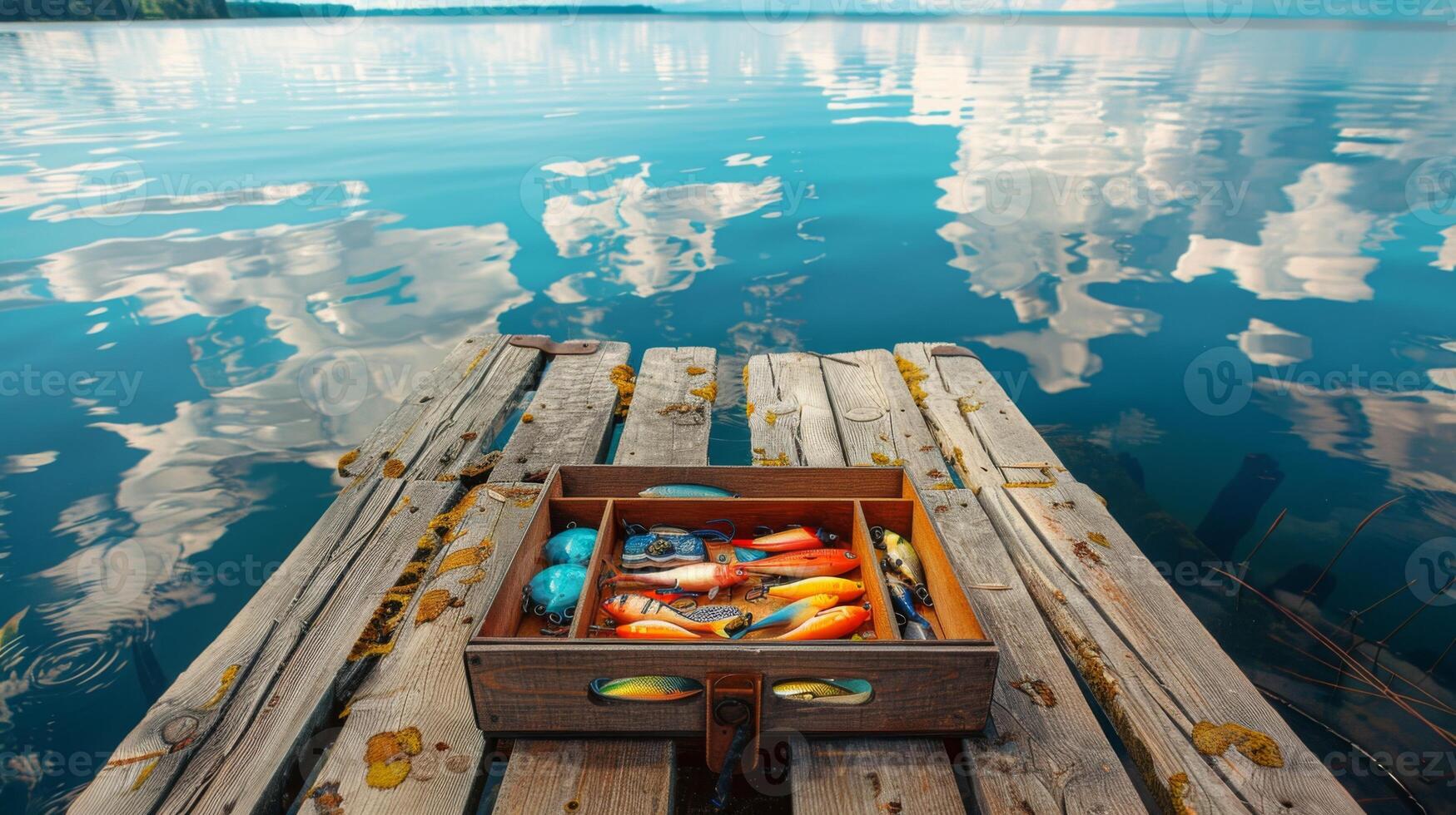 A rustic wooden box filled with vibrant fishing lures rests on a weathered dock. The tranquil lake reflects blue skies and fluffy clouds, creating a peaceful atmosphere at midday. photo