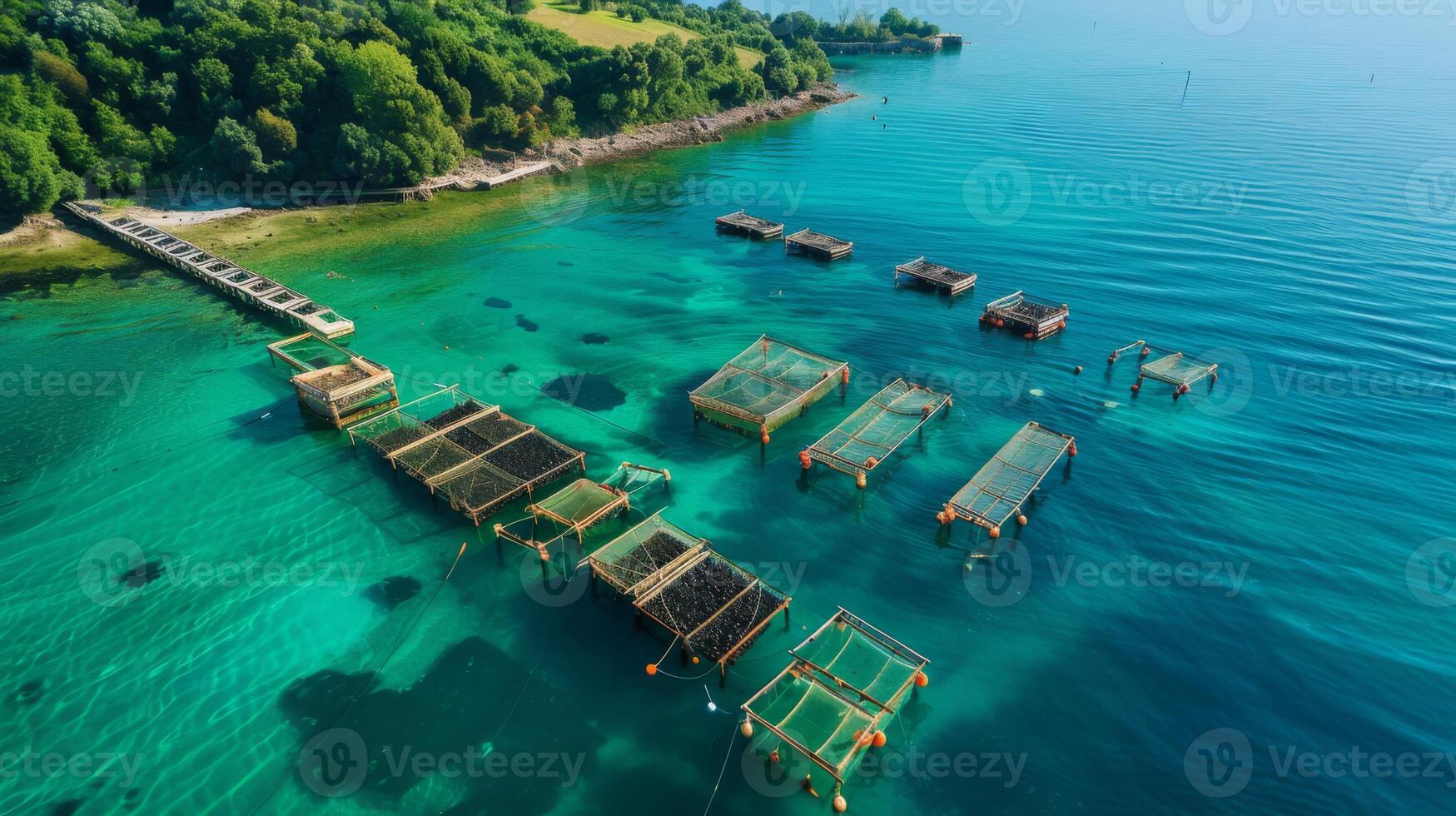 Floating structures used for aquaculture are seen in clear blue waters, surrounded by a green landscape. The sunlight reflects off the water, creating a serene atmosphere. photo
