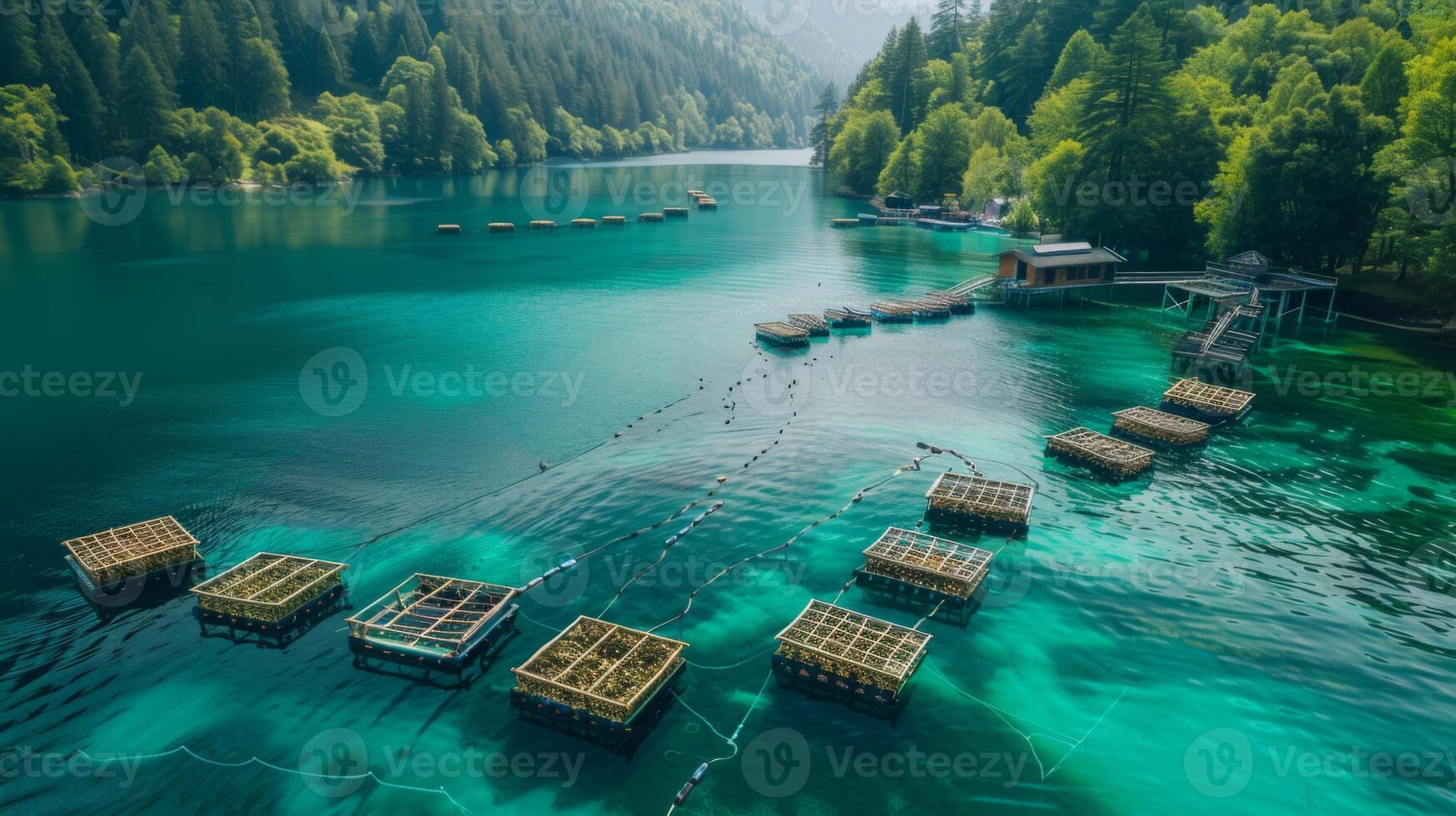 Aquaculture platforms are anchored in a turquoise lake, framed by dense greenery and distant mountains under clear skies, creating a tranquil atmosphere. photo