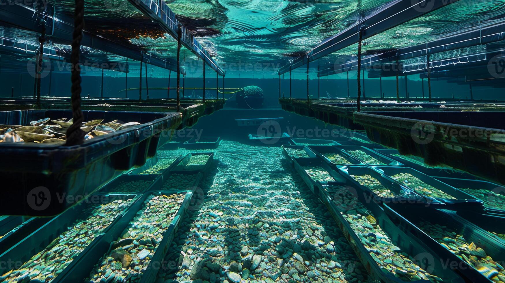 Several rafts containing various types of marine life are seen underwater, surrounded by clear water and sunlight illuminating the sandy bottom, creating a serene environment. photo