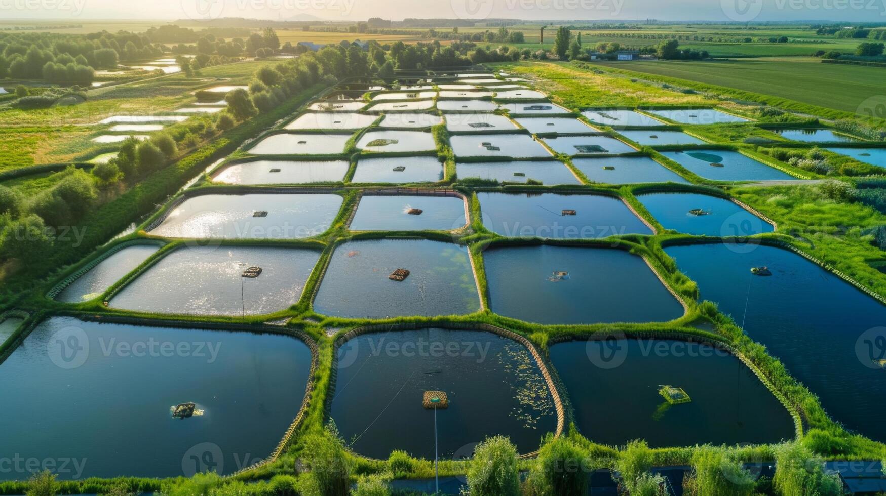 Rows of rectangular ponds glimmer under the evening light, surrounded by rich green fields and trees in a serene rural area during golden hour. photo