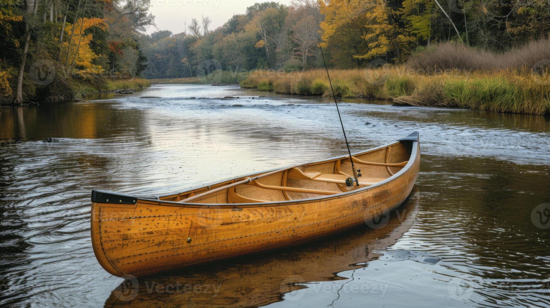A beautifully crafted wooden canoe drifts gently on a calm river. Surrounded by colorful autumn trees, the tranquil setting reveals the serenity of nature during the early morning hours. photo