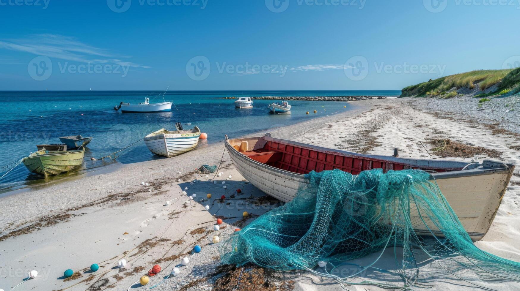 Tranquil beach scene features multiple boats resting on the sand at low tide, with fishing nets scattered around, while gentle waves lap at the shore under a sunny sky. photo