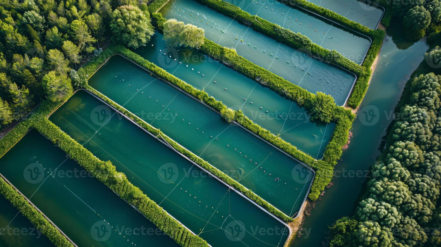 Aquaculture ponds filled with water surrounded by vibrant green vegetation offer a glimpse into sustainable fish farming practices under soft morning light, showcasing nature's harmony. photo