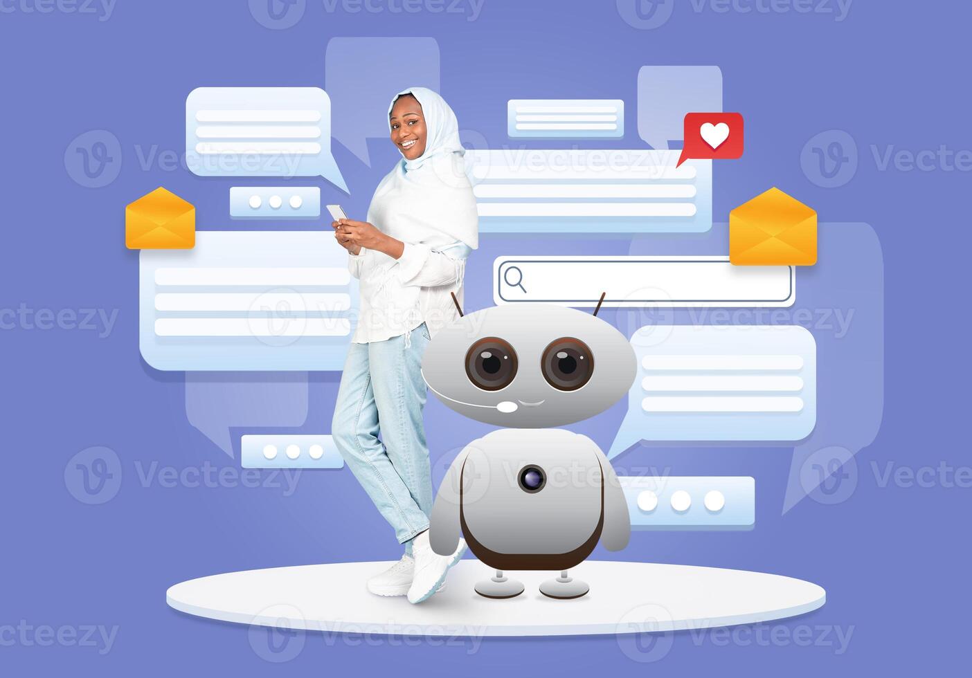 Muslim woman stands next to a friendly robot, showcasing the intersection of human interaction and artificial intelligence. Speech bubbles and icons highlight digital communication advancements. photo