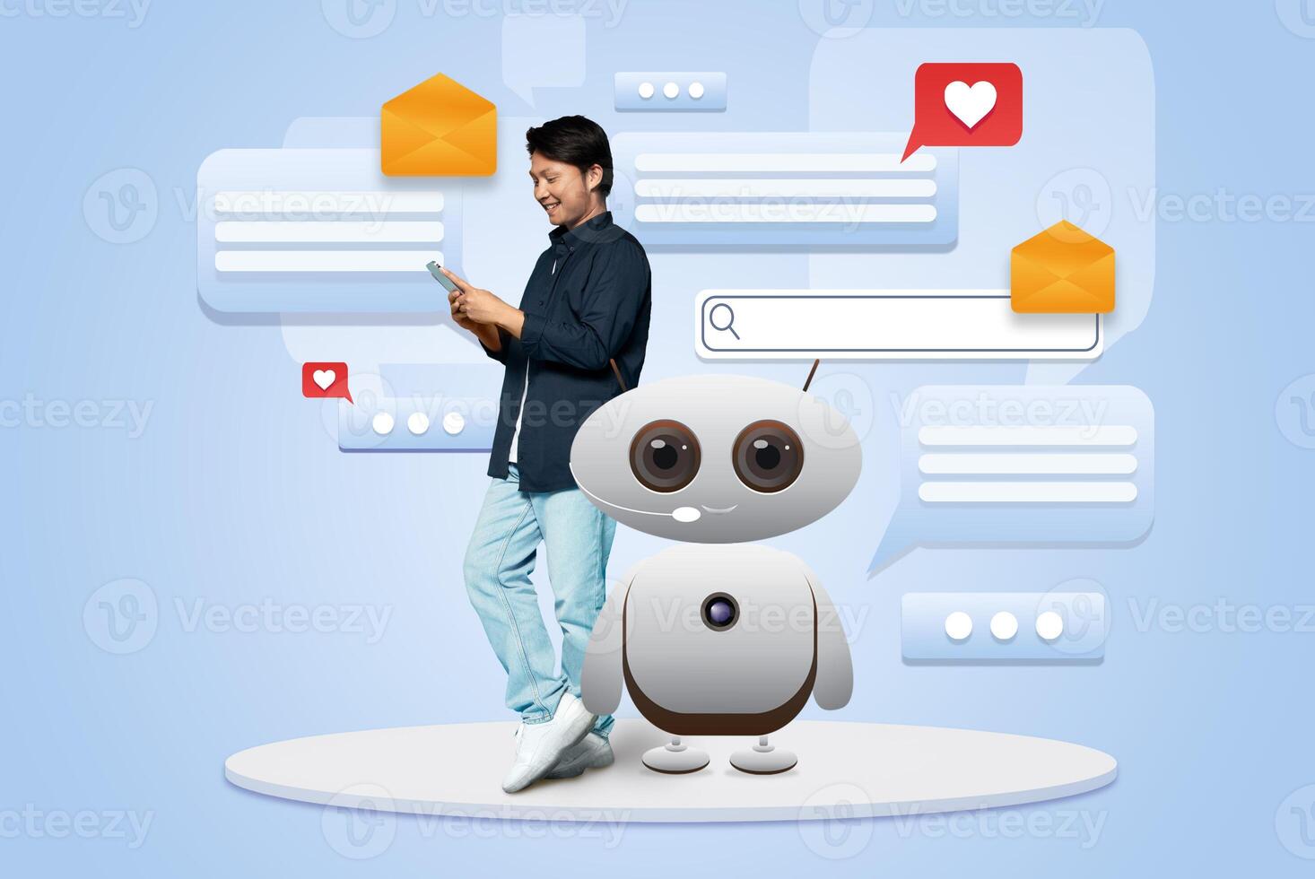 Asian guy interacts with a friendly virtual assistant, smiling while using a mobile device. The backdrop features chat bubbles and notifications, highlighting advancements in AI technology. photo