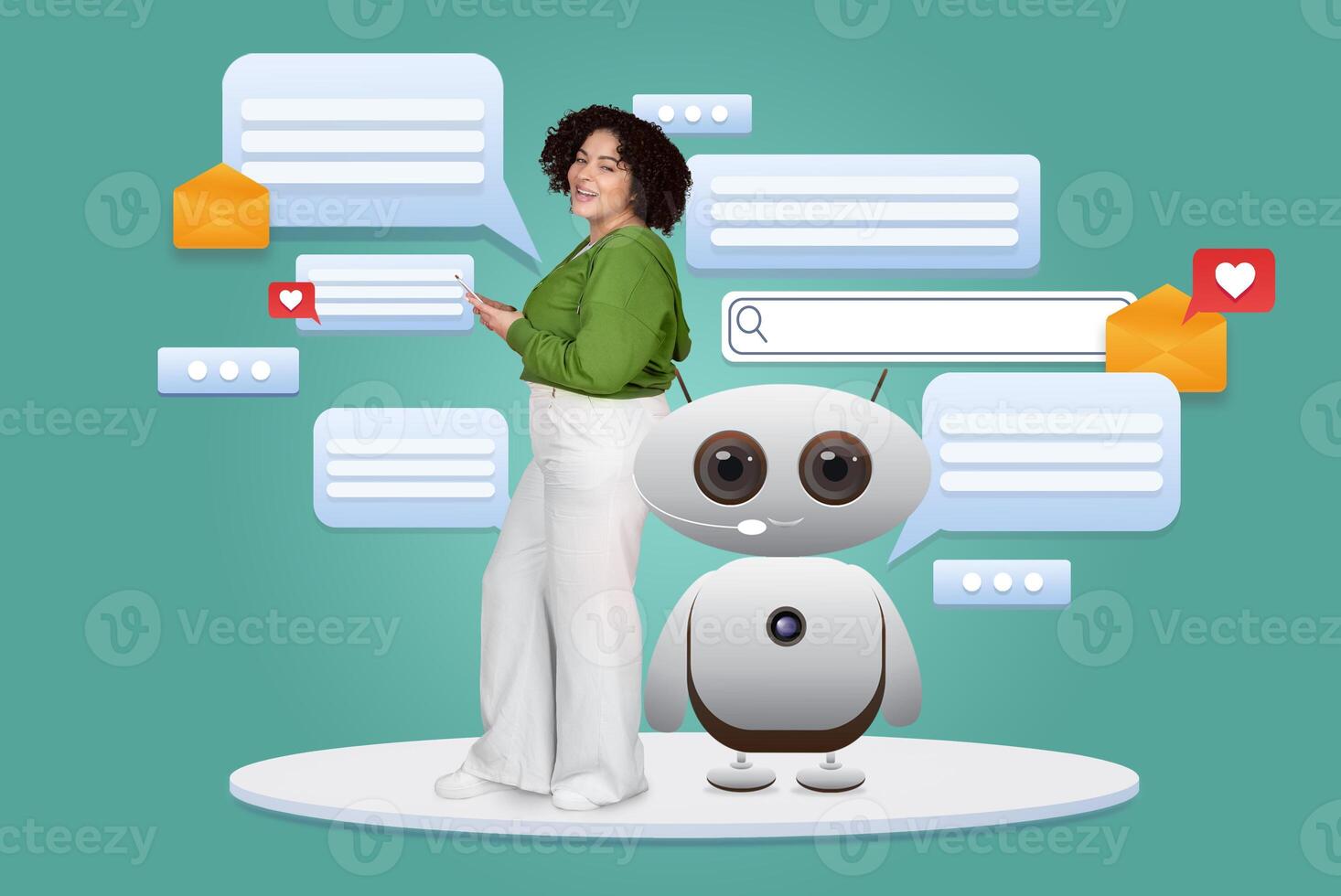 Woman interacts with a friendly AI assistant amidst digital messaging icons and applications representing modern technology. This illustrates how AI enhances communication and support. photo