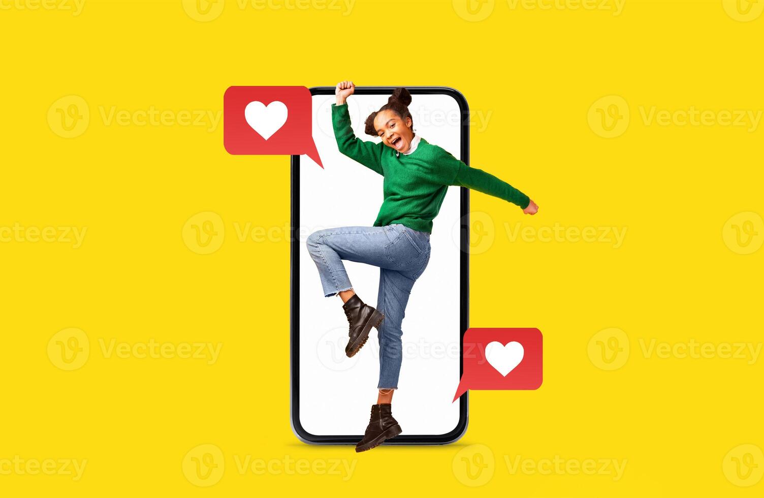 A young woman joyfully interacts with a smartphone, expressing excitement about social media connections and messages of love. Vibrant yellow background highlights her energy and enthusiasm. photo