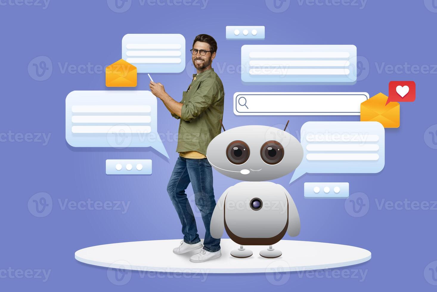 A man engages with an AI-powered virtual assistant amid chat bubbles and notifications. The setup highlights modern technology's role in everyday interactions and efficient communication. photo