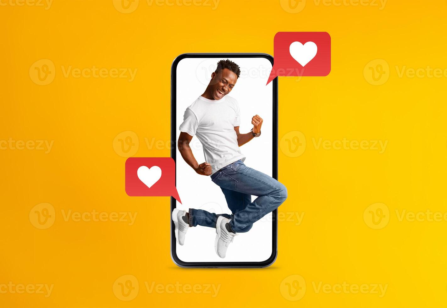 A person excitedly interacts with love messages displayed on a smartphone. The cheerful atmosphere highlights the joy of connecting through technology, especially to celebrate Valentines Day. photo