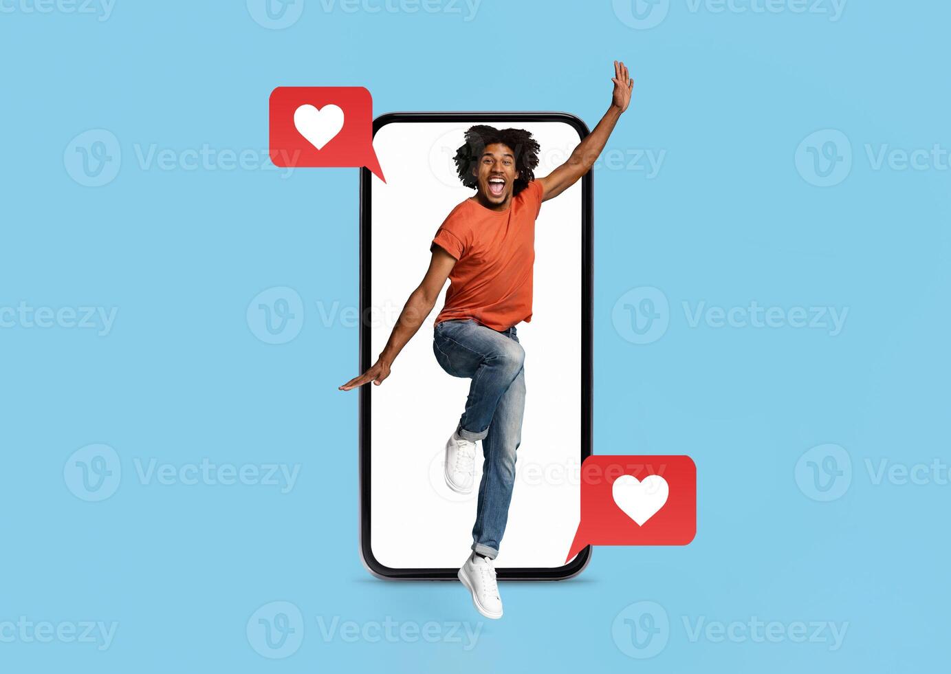 A person joyfully jumps out of a smartphone, surrounded by heart icons, embodying the excitement of connecting with others through social media and dating applications. photo