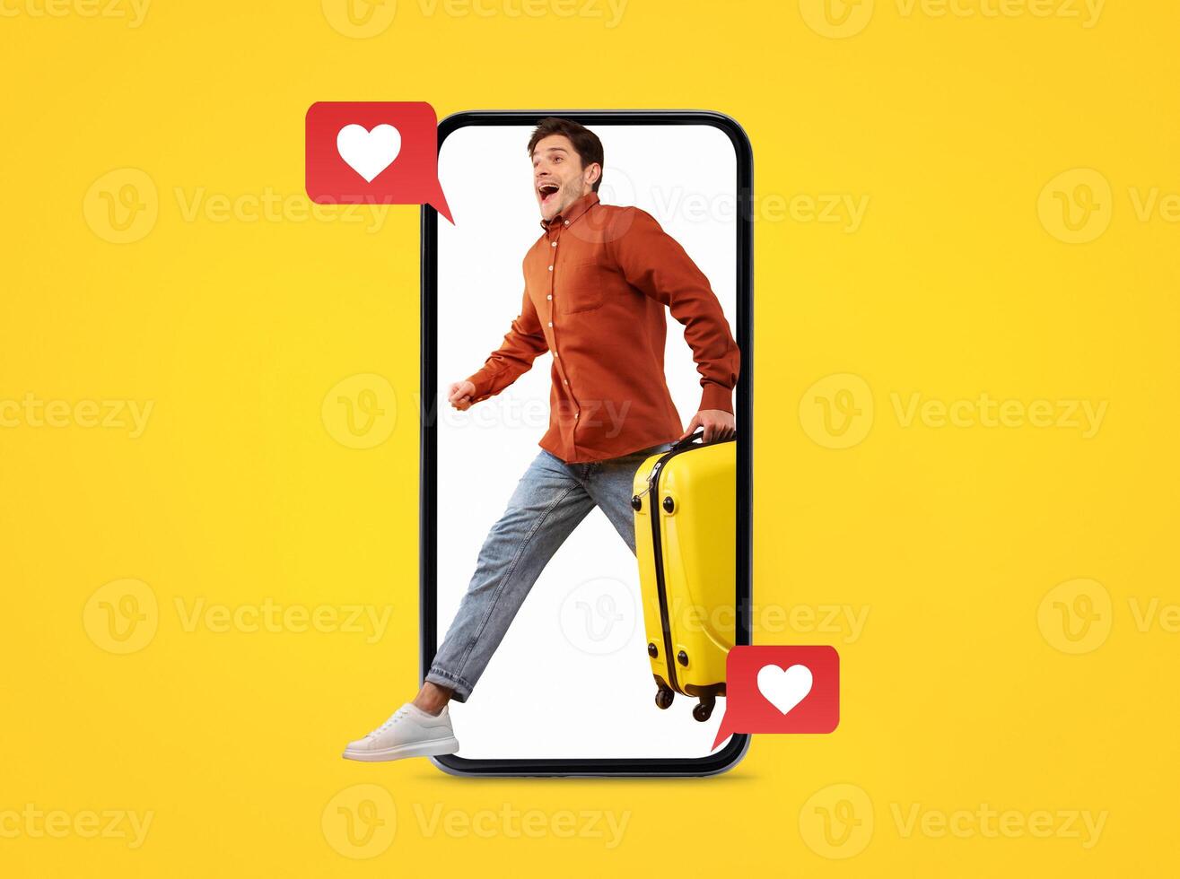 A person joyfully walks out of a smartphone screen while carrying a yellow suitcase. Love symbols appear on the screen, highlighting the blend of travel, technology, and social connection. photo