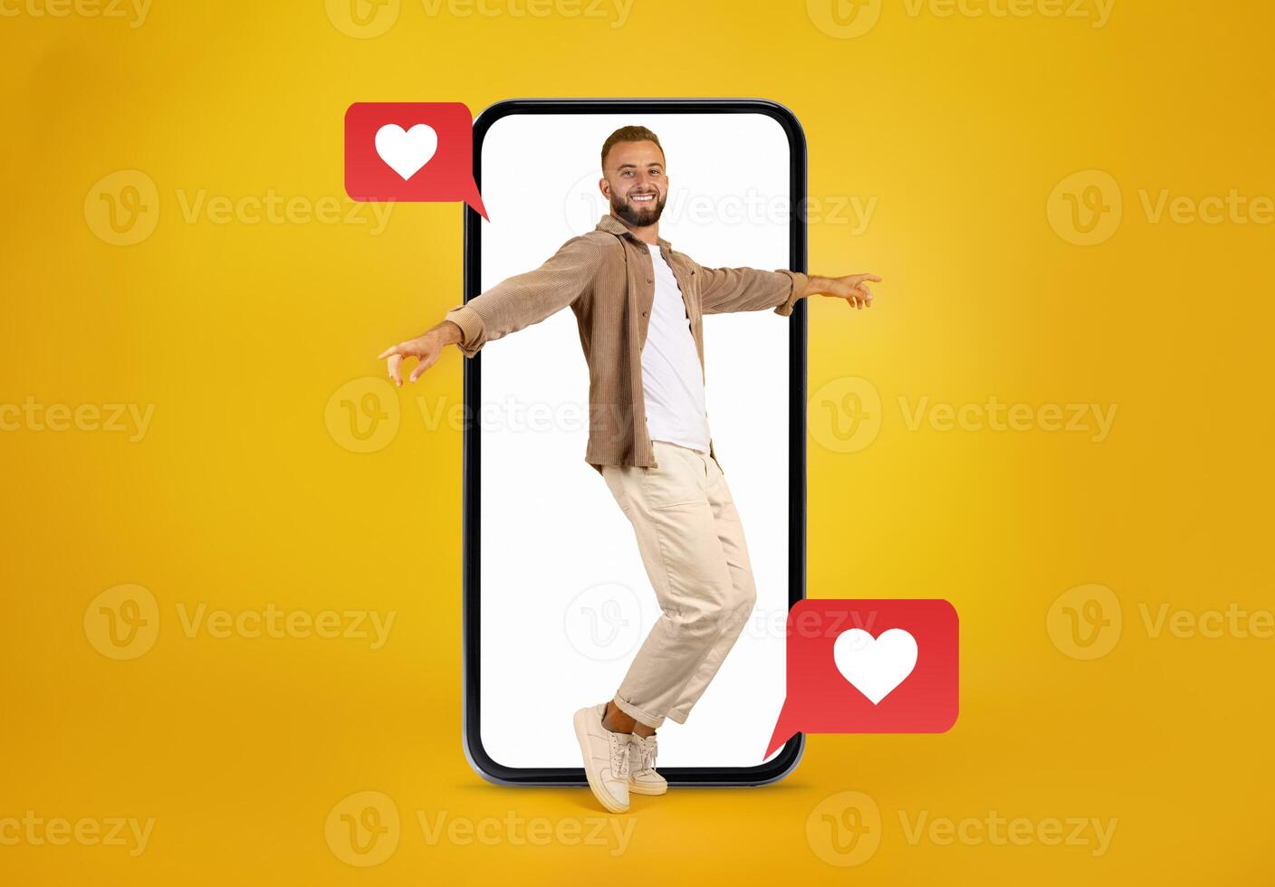 In a vibrant setting, a joyful person interacts with a smartphone, surrounded by heart icons symbolizing love and connection through messaging applications. photo