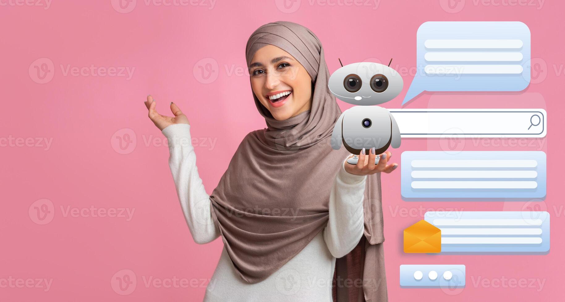 A cheerful woman in a hijab holds a friendly robot while surrounded by chat bubbles on a pink background. This captures the essence of innovation in artificial intelligence and virtual assistance. photo