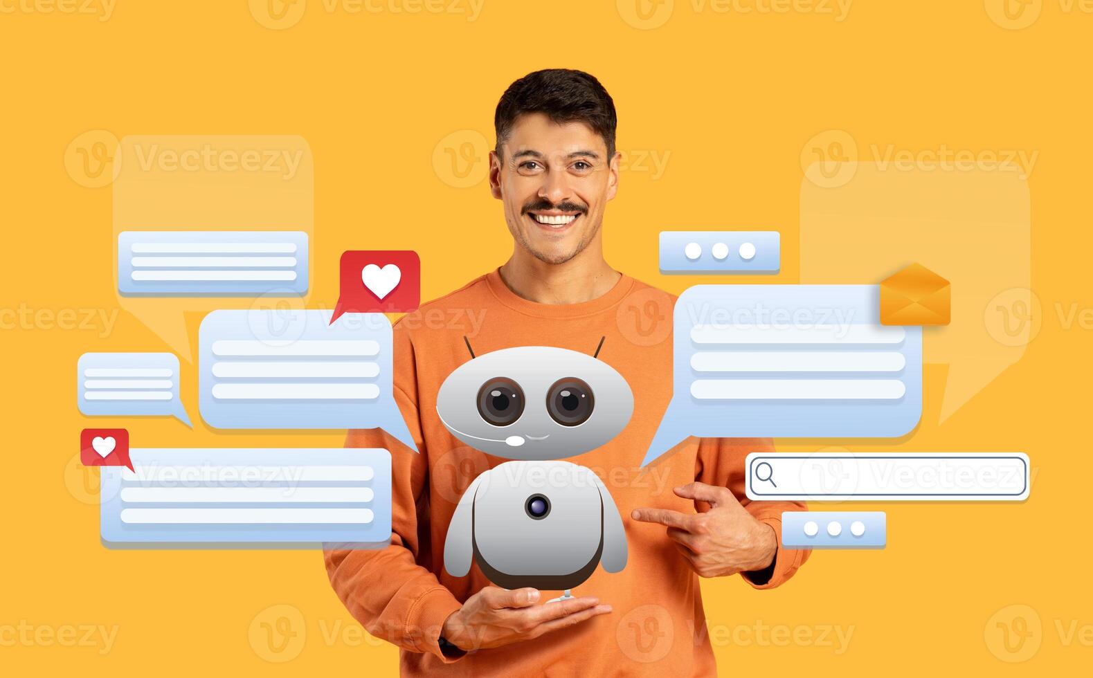 A man with a friendly demeanor interacts with a virtual AI assistant, surrounded by chat bubbles. photo