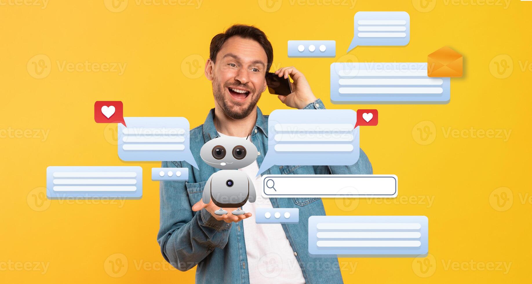 A man joyfully converses on their phone while using an AI virtual assistant. Colorful chat bubbles and messages surround them, showcasing modern technology's impact on communication. photo