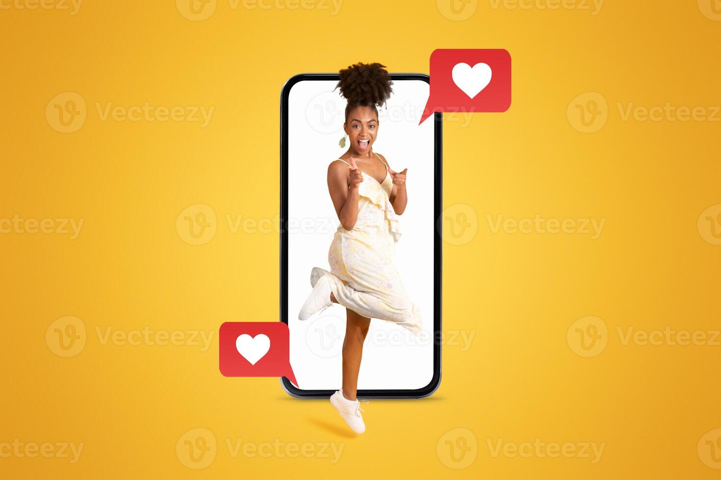 A young person joyfully engages with friends on a smartphone, surrounded by vibrant colors. The atmosphere reflects excitement, with messages of love and connection in the air. photo