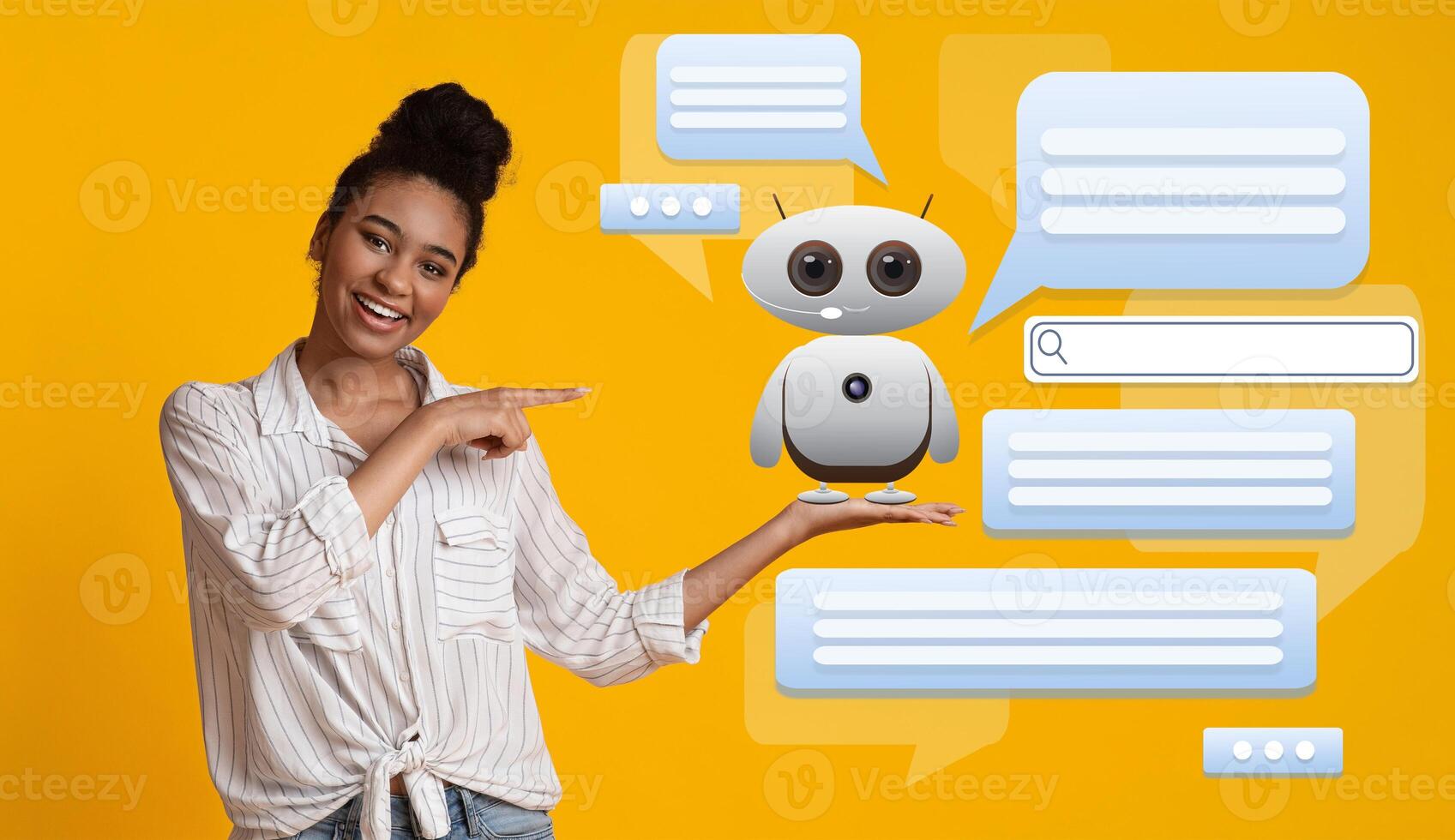 A young woman joyfully interacts with a digital chatbot, showcasing the friendly nature of virtual assistance. Speech bubbles highlight the advanced capabilities of artificial intelligence. photo