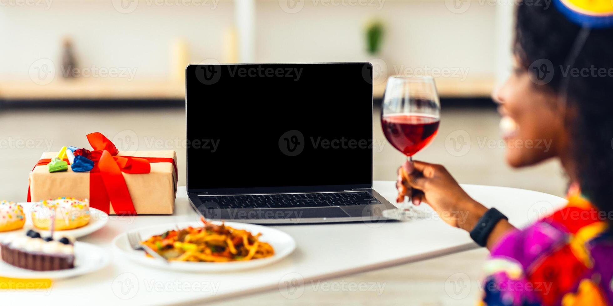 Online Holiday Celebration. Happy African American Couple Having Call Celebrating Birthday Or New Year Distantly, Sitting At Laptop With Wine At Home. Cropped, Selective Focus On Computer photo